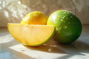 Wall Mural - Two whole and one sliced yellow and green fruit with water droplets on a marble surface.