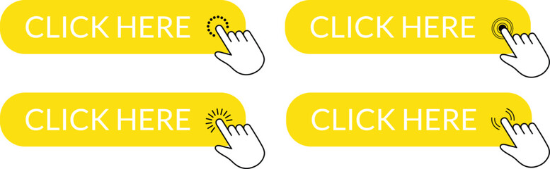 Poster - set of yellow click here button. hand click button vector illustration.