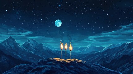 Two Romantic Matchsticks Burning In Love Sitting On Mountain Top Under Starry Moonlit Sky - Love And Romance Concept with generative ai