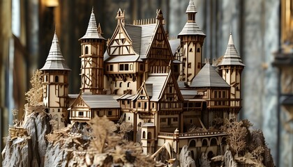 Wall Mural - intricate wooden castle model featuring elaborate towers and buildings, ideal for enchanting fairytale or fantasy landscapes