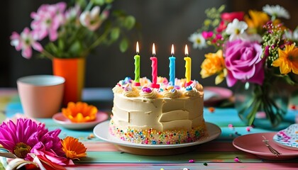 Vibrant birthday table adorned with a delectable cake and fresh flowers, embodying joy and festivity