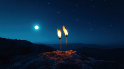 Two Romantic Matchsticks Burning In Love Sitting On Mountain Top Under Starry Moonlit Sky - Love And Romance Concept with generative ai