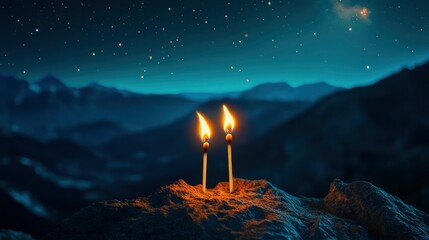 Two Romantic Matchsticks Burning In Love Sitting On Mountain Top Under Starry Moonlit Sky - Love And Romance Concept with generative ai