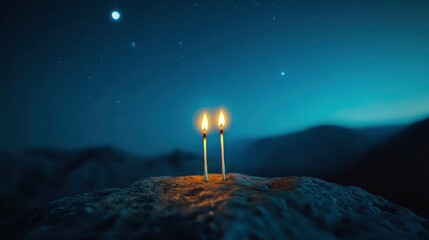Two Romantic Matchsticks Burning In Love Sitting On Mountain Top Under Starry Moonlit Sky - Love And Romance Concept with generative ai