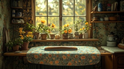 Wall Mural - Cozy kitchen with floral decor and vibrant potted plants.