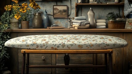 Wall Mural - Vintage ironing board with floral cover in a cozy setting.