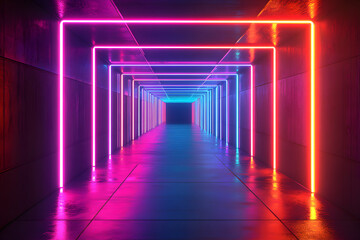 Wall Mural - Futuristic neon tunnel with vibrant blue, pink, and red lighting.