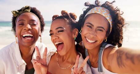 Poster - Happy women, portrait and selfie with emoji at beach for holiday or summer vacation together. Young, group or friends with smile, peace sign or hug in joy for picture, memory or moment by ocean coast