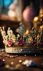 low key image of beautiful queen/king crown. vintage filtered. fantasy medieval period. selective focus. ai generative