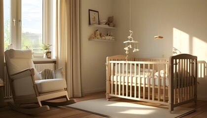 Sunlit nursery with rocking chair and crib, creating a peaceful and calming environment for a newborn