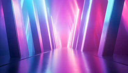 Wall Mural - A futuristic corridor lined with glowing pink and blue neon lights.