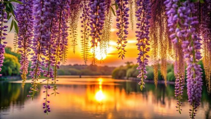 Wall Mural - tramonto con glicine in primo piano, sunset, wisteria, purple flowers, nature, landscape, colorful, 