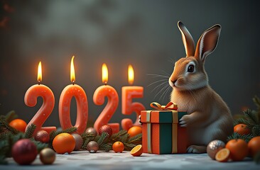 Wall Mural - View straight small volumetric letters
“2025” made of candles with fire on top, a shaded background, fir branches, New Year’s balls, garlands, tangerines, close-up on the right in the picture sits a k