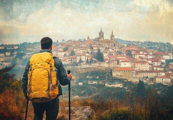 Hiker with a yellow backpack and walking stick looking at the city