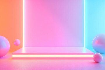 Canvas Print - Abstract neon background with pink and blue colors and glowing platform.