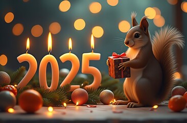 Wall Mural - View straight small volumetric letters
“2025” made of candles with fire on top, shaded background, fir branches, New Year’s balls, garlands, tangerines, close-up on the right in the picture sits a kin