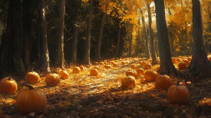 Poster - A picturesque forest path during autumn, adorned with scattered pumpkins surrounded by colorful fallen leaves. Sunlight filters through the trees, creating a warm and inviting atmosphere.