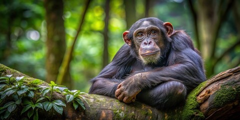 Chimpanzee resting on a tree in the dark forest of Kibale National Park, Uganda , Chimpanzee