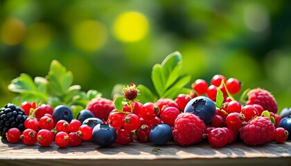 Wall Mural - Vibrant Red Berries on Wooden Surface with Blurred Green Background for Refreshing Summer Food and Drink Inspiration