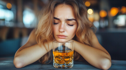 Wall Mural - woman gazes down while holding a glass of whiskey, symbolizing emotional turmoil, depression, and the struggles of coping with inner conflict and life's hardships