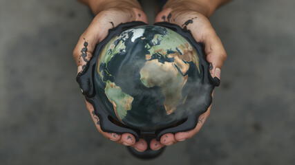 Hands holding a globe covered in oil and smog, representing the global environmental impact of fossil fuels.