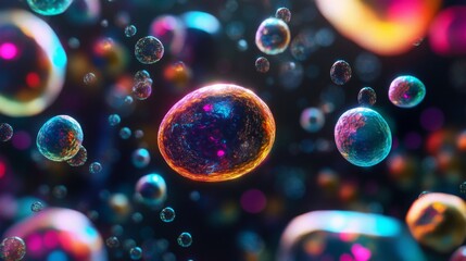 Aufkleber - Microscopic bubbles float gracefully against a dark backdrop, illuminated by colorful reflections, creating a mesmerizing, surreal atmosphere akin to a dreamlike world.