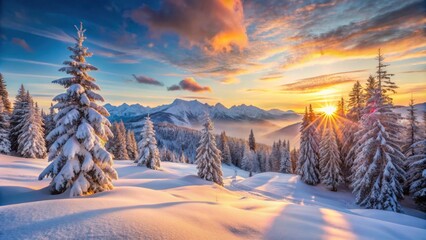 Wall Mural - Beautiful snowy trees and mountains during winter sunset, Snow, trees, mountains, winter, sunset, beauty, nature, landscape