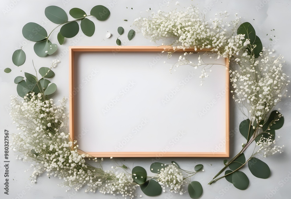Eucalyptus leaves and baby breath flowers boarder on white background
