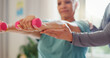 © WesLens/peopleimages.com - Weights, physiotherapy and hands of woman for consulting, medical service and wellness. Healthcare, chiropractor and physical therapist with patient for rehabilitation, muscle recovery and mobility