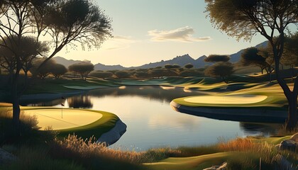 Tranquil golf course landscape basking in warm daylight, perfect for outdoor enthusiasts seeking serenity and natural beauty