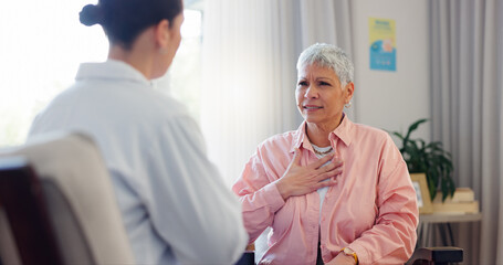 Wall Mural - Doctor, consultation and senior woman with chest pain for heart disease, checkup and medical advice. Healthcare, patient and worker with discussion for cardiac arrhythmia, palpitations and diagnosis