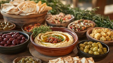 Wall Mural - A table spread with assorted Mediterranean appetizers, including hummus, olives, pita bread, and a salad.