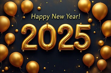 Wall Mural - Happy New Year 2025 banner. Holiday season golden balloons on dark background