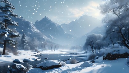 Wall Mural - Enchanting winter wonderland brought to life with luminous snowflakes and stunning AI-generated landscapes