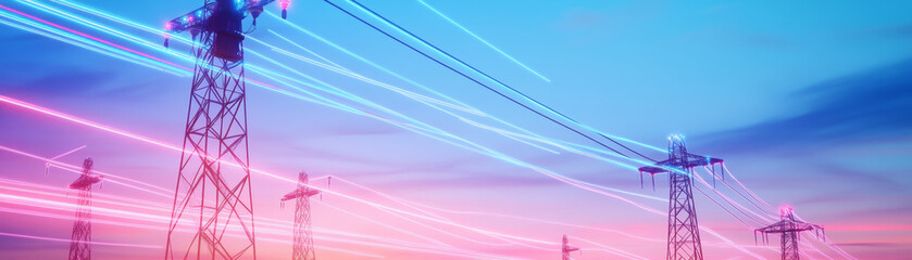 Wall Mural - image showcases bold and sleek design of power lines, illustrating rapid expansion of energy transmission against vibrant sunset backdrop. dynamic light trails evoke sense of movement and innovation