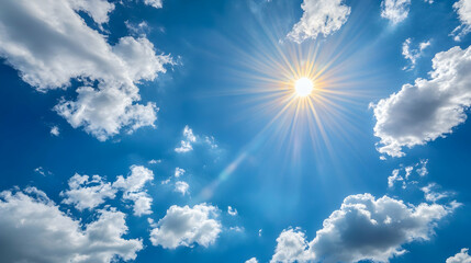 Wall Mural - Bright sun shining through fluffy white clouds in a clear blue sky.