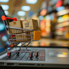 shopping cart with cards, shopping cart in the supermarket, A shopping cart with boxes on top of an open laptop computer, depicting an online retail concept, cart, shopping, buy, trolley