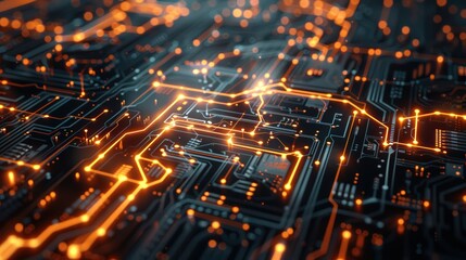 Dynamic glowing lines on a digital circuit board. Modern technology innovation