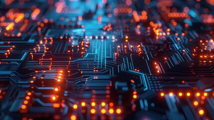 Poster - Dynamic glowing lines on a digital circuit board. Modern technology innovation