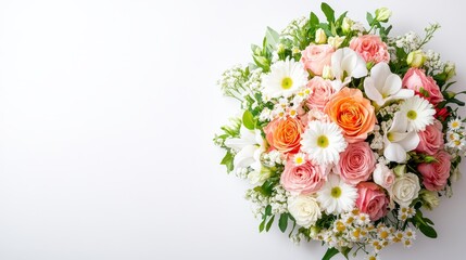 Circular arrangement of vibrant roses, lilies, and daisies, top view on solid white background, isolated bouquet