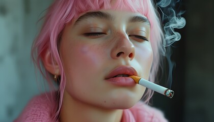 Canvas Print - Minimalist Elegance: A Woman Indulges in Smoking Amidst Pastel Pink Aesthetics