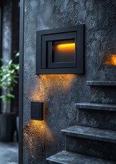 Wall Mural - Modern wall light fixture illuminating a textured staircase.