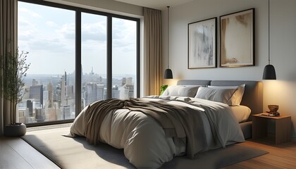 Poster - Elevated Perspective of a Minimalist Day Bedroom Highlighted by a Stylish Jacket Enhanced by AI Generative Technology