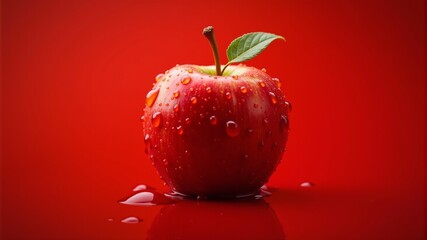 a red apple with water drops on it and a green leaf.