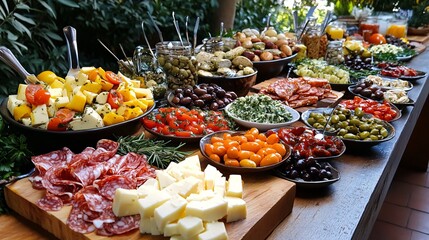 Wall Mural - A wooden table laden with an array of delicious antipasto, including salami, cheese, olives, tomatoes, and more.