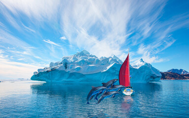 Poster - Group of dolphins jumping on the water - Beautiful seascape and blue sky - Melting icebergs by the coast of Greenland with strong sea wave - Greenland