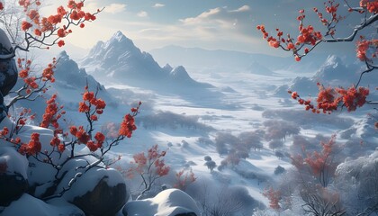 Wall Mural - Blossoming flowers contrast beautifully with a snowy landscape, enhanced by the depth and creativity of AI generative technology