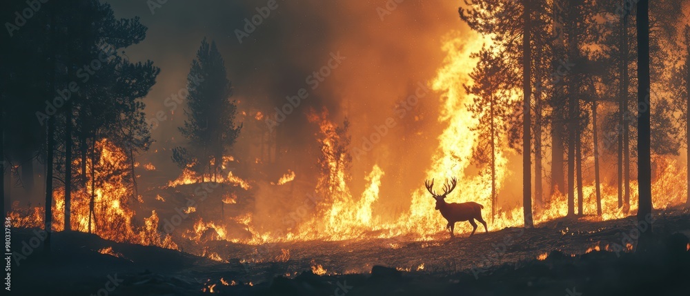 Wildlife fleeing from a burning forest, visualizing the catastrophic ...