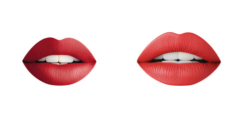 A stunning close-up of two pairs of painted lips showcasing vibrant red colors and a glossy finish, perfect for beauty themes. transparent background