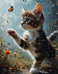 A heartwarming scene of a curious kitten reaching out to a butterfly amidst a colorful field of flowers. The soft lighting and vivid details capture the playful and innocent nature of the young feline